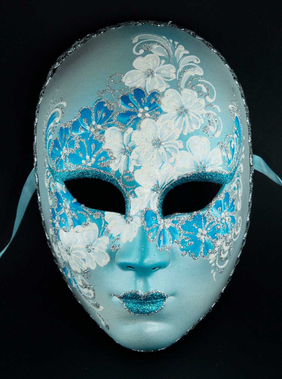 Masque Volto Fleurs Bleu et Argenté – Artisanat Authentique de Venise