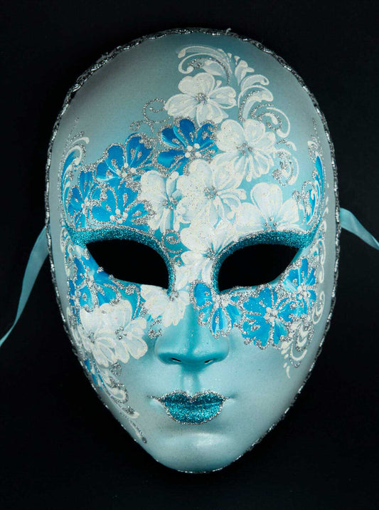 Masque Volto Fleurs Bleu et Argenté – Artisanat Authentique de Venise