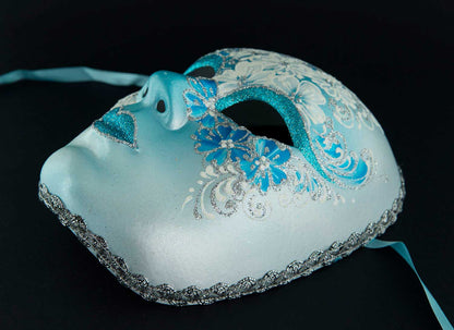Masque Volto Fleurs Bleu et Argenté – Artisanat Authentique de Venise