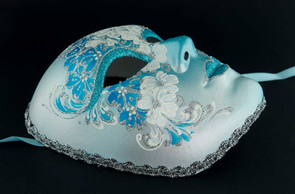 Masque Volto Fleurs Bleu et Argenté – Artisanat Authentique de Venise