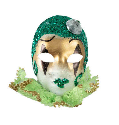 Magnet Masque de Venise Pierrot Vert et Doré – Artisanat Authentique de Venise