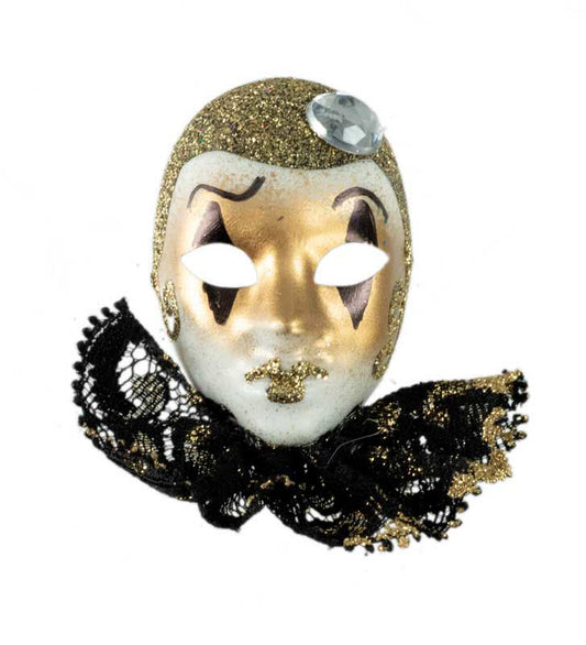 Magnet Masque de Venise Pierrot Noir et Doré – Artisanat Authentique de Venise