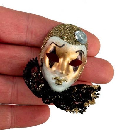 Magnet Masque de Venise Pierrot Noir et Doré – Artisanat Authentique de Venise