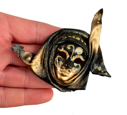Magnet Masque de Venise en Cuir Noir et Doré – Artisanat Authentique de Venise