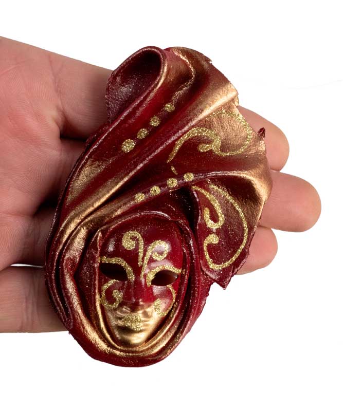 Magnet Masque de Venise en Cuir Rouge et Doré – Artisanat Authentique de Venise