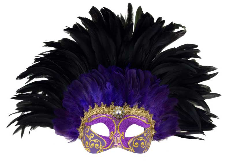 Masque Loup Violet et Noir à Plumes – Artisanat Authentique de Venise
