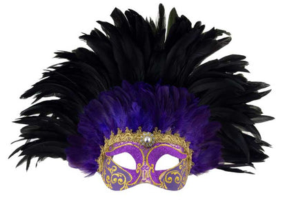 Masque Loup Violet et Noir à Plumes – Artisanat Authentique de Venise