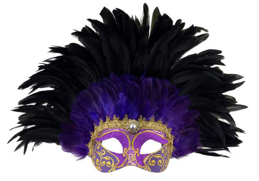Masque Loup Violet et Noir à Plumes – Artisanat Authentique de Venise