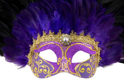 Masque Loup Violet et Noir à Plumes – Artisanat Authentique de Venise