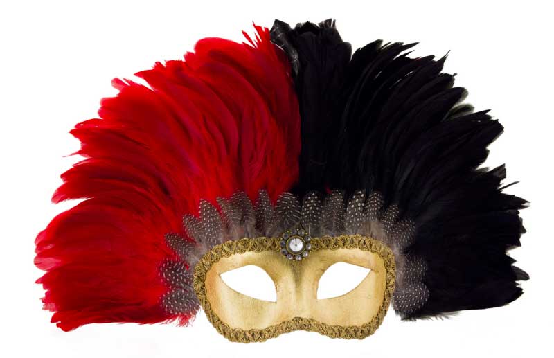 Masque Colombine Doré Rouge et Noir à Plumes – Artisanat Authentique de Venise