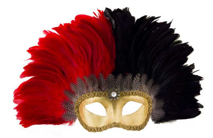 Masque Colombine Doré Rouge et Noir à Plumes – Artisanat Authentique de Venise