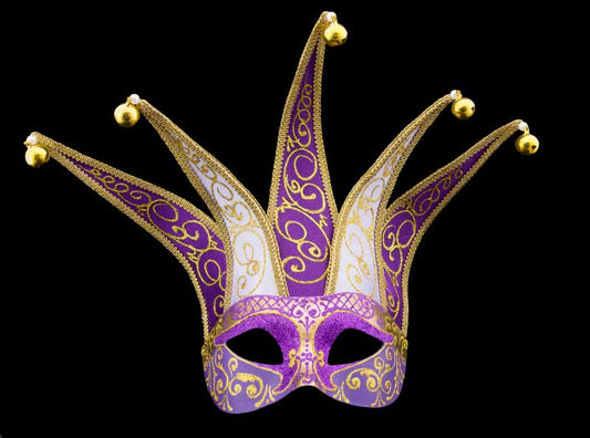 Masque Colombine Jolly Violet Mauve Doré à 5 Pointes – Artisanat Authentique de Venise