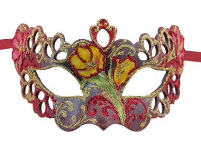 Masque de Venise Loup Colombine à Pointes Tutti Frutti Rouge et Fleur Jaune – Artisanat Authentique de Venise