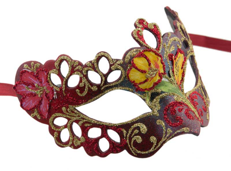 Masque de Venise Loup Colombine à Pointes Tutti Frutti Rouge et Fleur Jaune – Artisanat Authentique de Venise