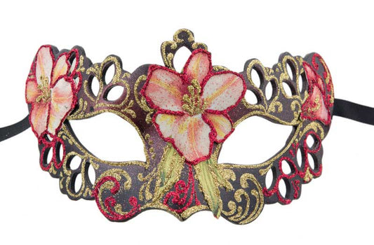 Masque de Venise Loup Colombine à Pointes Tutti Frutti Noir et Fleur Rouge – Artisanat Authentique de Venise