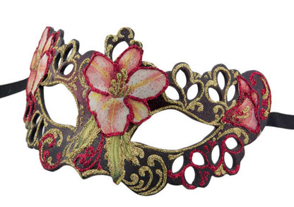 Masque de Venise Loup Colombine à Pointes Tutti Frutti Noir et Fleur Rouge – Artisanat Authentique de Venise