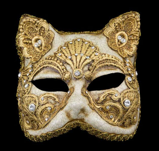 Masque de Venise Chat Gatto Macramé Craquelé Doré – Carnaval Vénitien | Artisanat Authentique