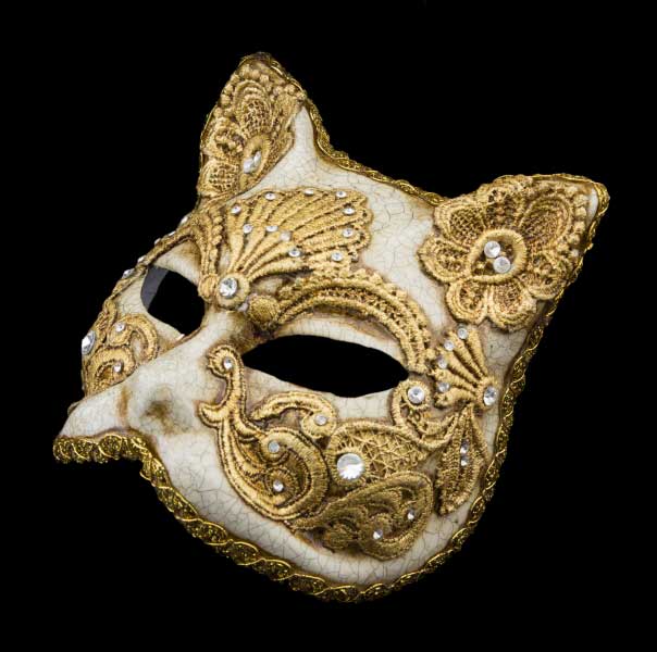 Masque de Venise Chat Gatto Macramé Craquelé Doré – Carnaval Vénitien | Artisanat Authentique