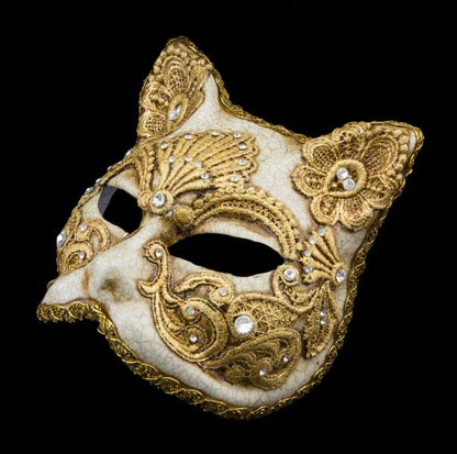 Masque de Venise Chat Gatto Macramé Craquelé Doré – Carnaval Vénitien | Artisanat Authentique