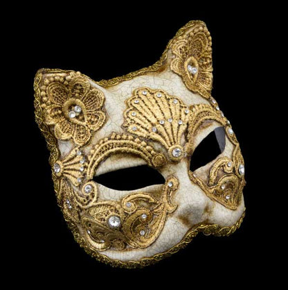 Masque de Venise Chat Gatto Macramé Craquelé Doré – Carnaval Vénitien | Artisanat Authentique