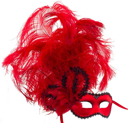 Masque Colombine Satin Rouge à Plumes – Artisanat Authentique de Venise