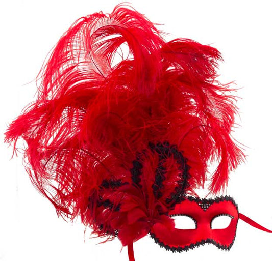 Masque Colombine Satin Rouge à Plumes – Artisanat Authentique de Venise