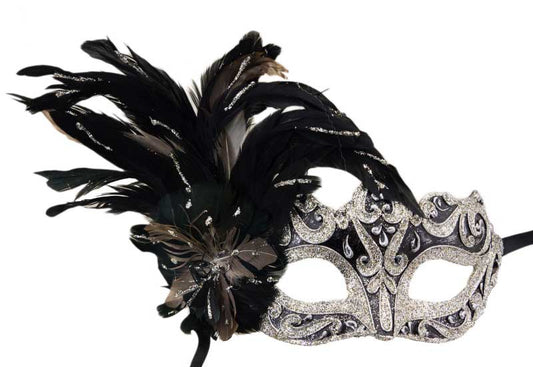 Masque Colombine à Pointe Argenté et Noir à Plumes – Artisanat Authentique de Venise