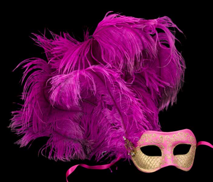 Masque Colombine Rose Fuchsia et Doré à Plumes – Artisanat Authentique de Venise
