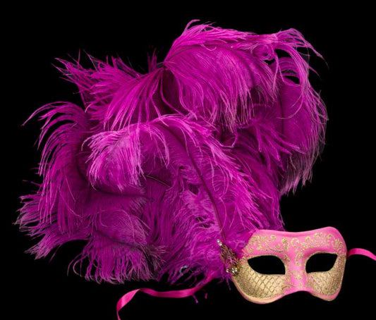 Masque Colombine Rose Fuchsia et Doré à Plumes – Artisanat Authentique de Venise