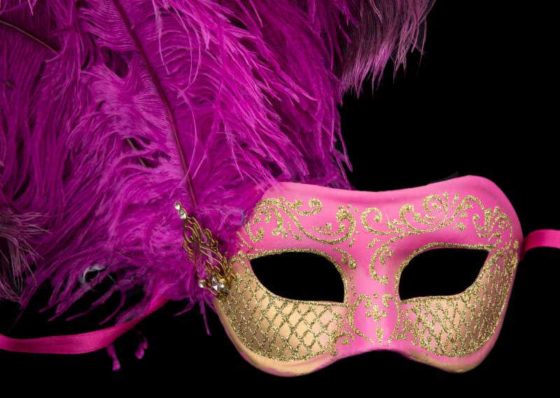 Masque Colombine Rose Fuchsia et Doré à Plumes – Artisanat Authentique de Venise