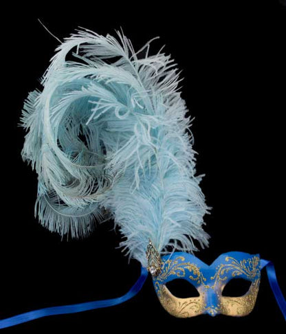 Masque Colombine Bleu et Doré à Plumes – Artisanat Authentique de Venise