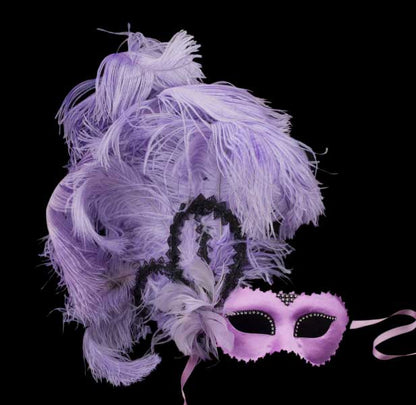 Masque Colombine Satin Violet Mauve à Plumes – Artisanat Authentique de Venise