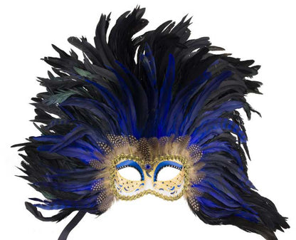 Masque Colombine Noir et Bleu à Plumes – Artisanat Authentique de Venise