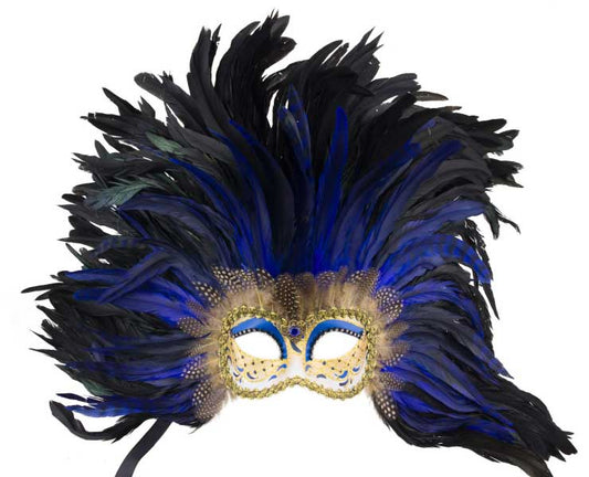 Masque Colombine Noir et Bleu à Plumes – Artisanat Authentique de Venise