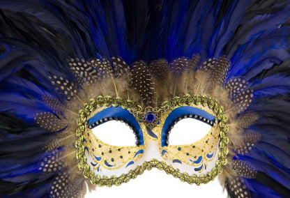 Masque Colombine Noir et Bleu à Plumes – Artisanat Authentique de Venise