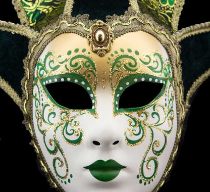 Masque Volto Jolly Vert et Doré à 5 Pointes – Artisanat Authentique de Venise