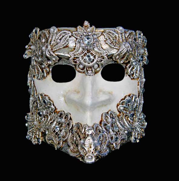 Masque Vénitien Bauta Barocco Macramé Argenté et Blanc – Artisanat Authentique de Venise