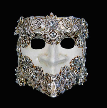 Masque Vénitien Bauta Barocco Macramé Argenté et Blanc – Artisanat Authentique de Venise