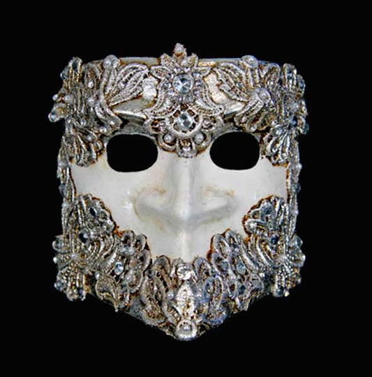 Masque Vénitien Bauta Barocco Macramé Argenté et Blanc – Artisanat Authentique de Venise