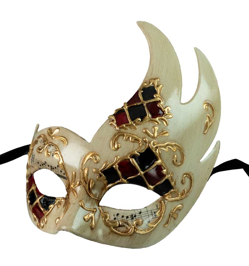 Masque Colombine Cygne Damier Écru, Rouge, Noir et Doré – Artisanat Authentique de Venise
