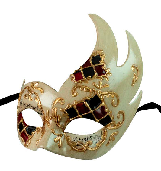 Masque Colombine Cygne Damier Écru, Rouge, Noir et Doré – Artisanat Authentique de Venise