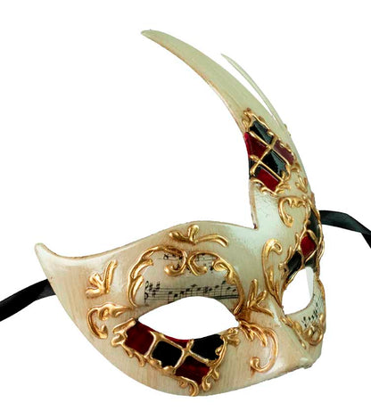 Masque Colombine Cygne Damier Écru, Rouge, Noir et Doré – Artisanat Authentique de Venise