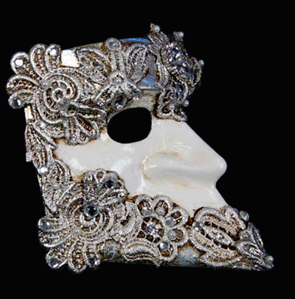 Masque Vénitien Bauta Barocco Macramé Argenté et Blanc – Artisanat Authentique de Venise