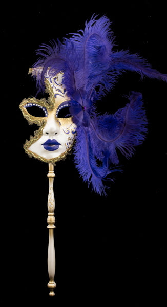 Masque Vénitien de Gala Luna Doré à Bâton et Plumes – Artisanat Authentique de Venise