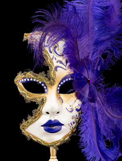 Masque Vénitien de Gala Luna Doré à Bâton et Plumes – Artisanat Authentique de Venise