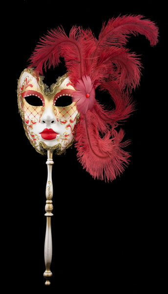 Masque Vénitien de Gala Farfalla Rouge à Bâton et Plumes – Artisanat Authentique de Venise