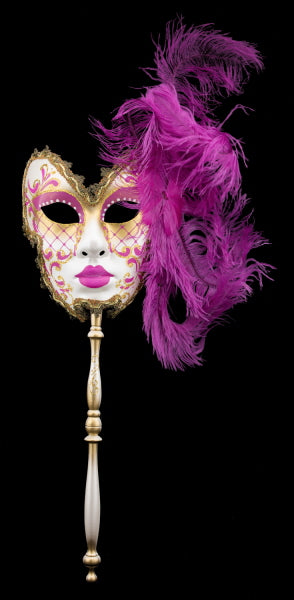 Masque Vénitien de Gala Farfalla Fuchsia à Bâton et Plumes – Artisanat Authentique de Venise