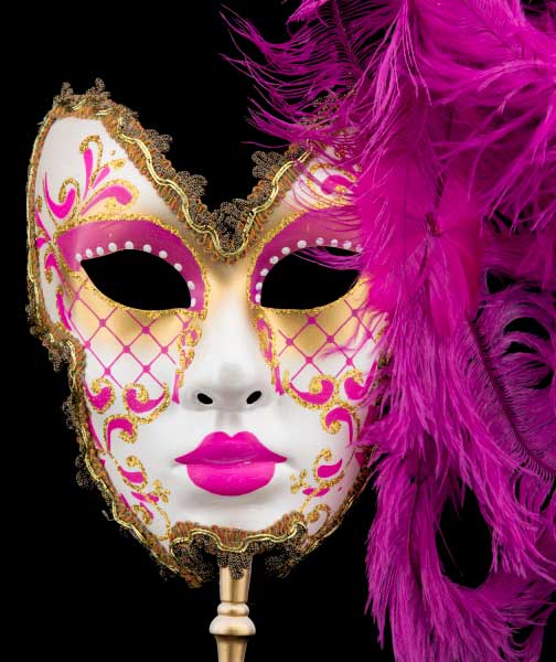 Masque Vénitien de Gala Farfalla Fuchsia à Bâton et Plumes – Artisanat Authentique de Venise
