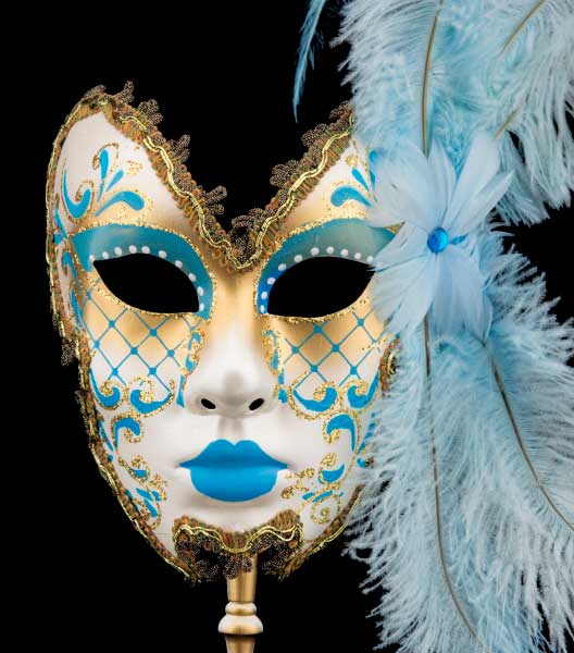 Masque Vénitien de Gala Farfalla Bleu ciel à Bâton et Plumes – Artisanat Authentique de Venise