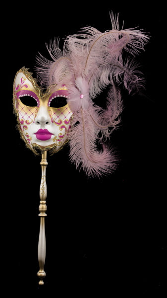 Masque Vénitien de Gala Farfalla Rose à Bâton et Plumes – Artisanat Authentique de Venise
